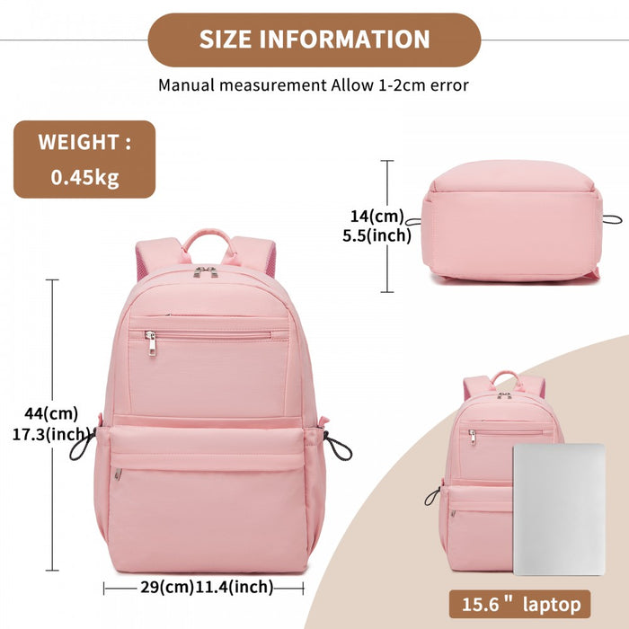 Solid-Colour Casual Backpack with Multi-Pocket Storage – Pink