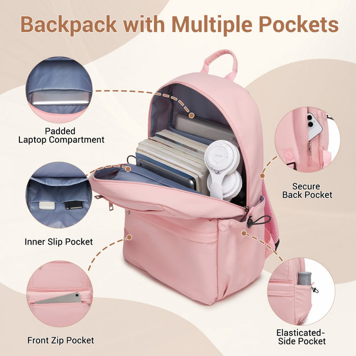 Solid-Colour Casual Backpack with Multi-Pocket Storage – Pink