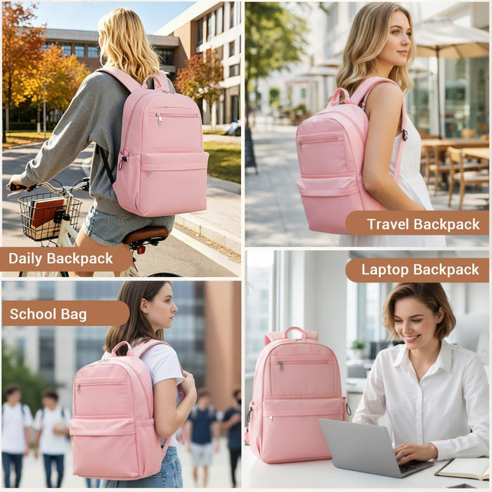 Solid-Colour Casual Backpack with Multi-Pocket Storage – Pink