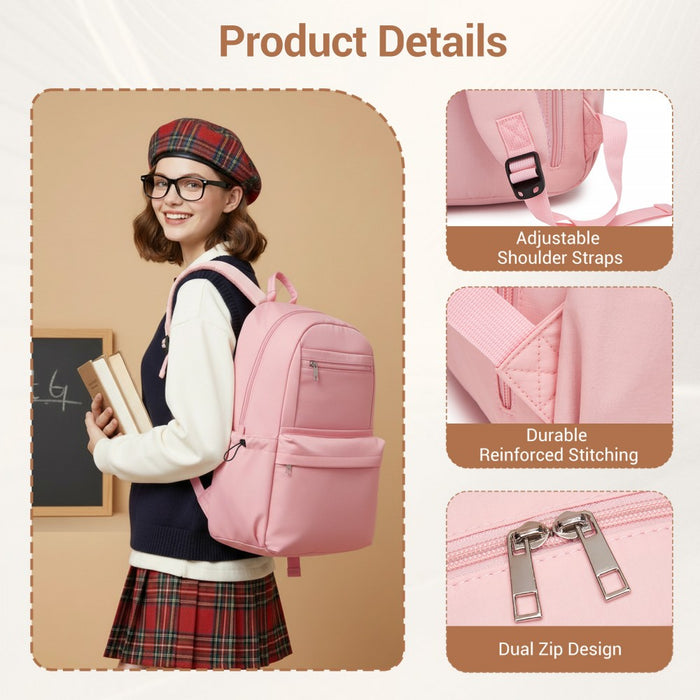 Solid-Colour Casual Backpack with Multi-Pocket Storage – Pink