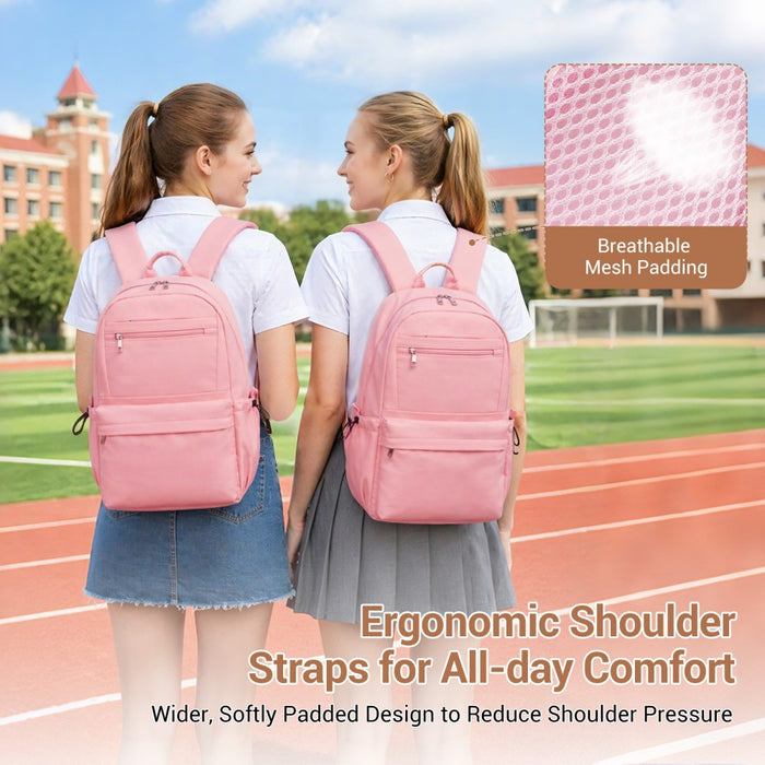 Solid-Colour Casual Backpack with Multi-Pocket Storage – Pink