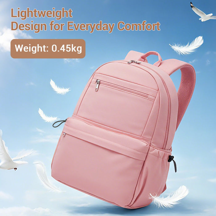 Solid-Colour Casual Backpack with Multi-Pocket Storage – Pink