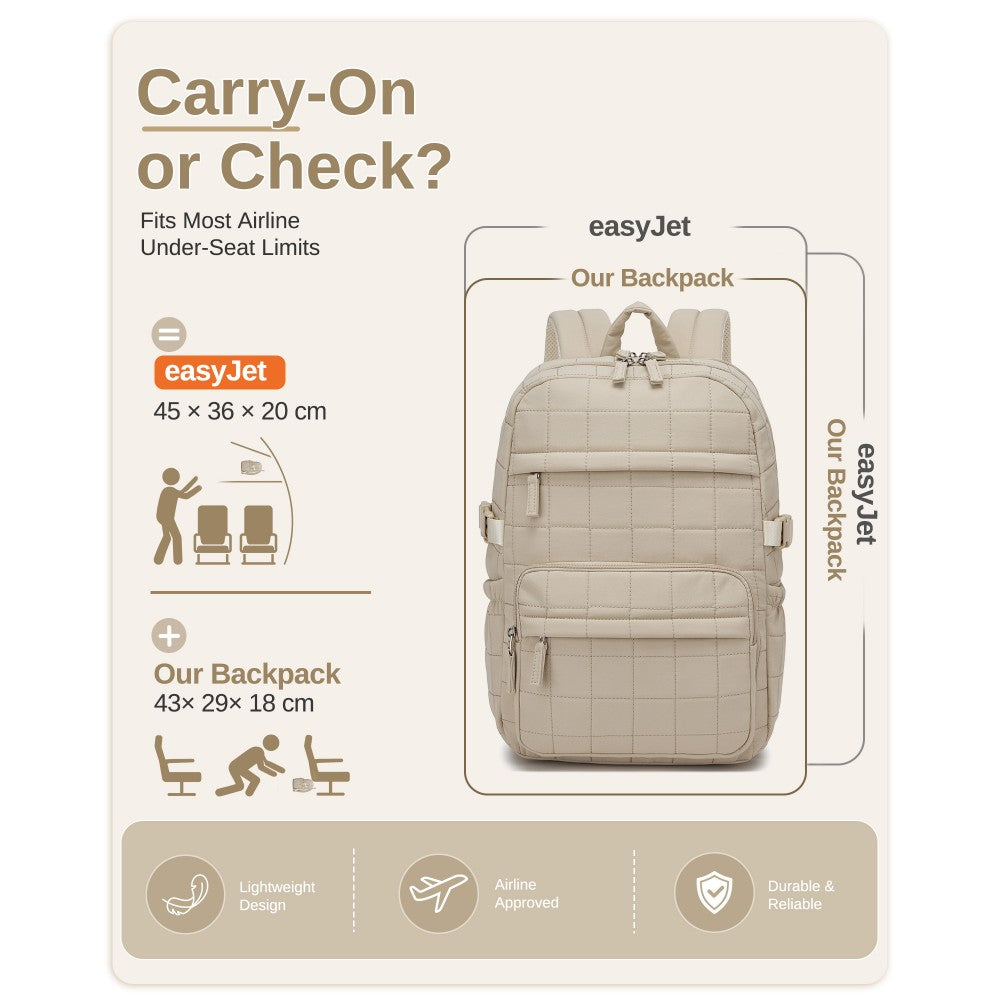 Quilted Lightweight Backpack, Fits 15.6-Inch Notebook, Cabin Approved Underseat Carry-On Bag – Beige