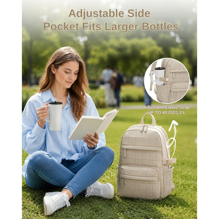 Quilted Lightweight Backpack, Fits 15.6-Inch Notebook, Cabin Approved Underseat Carry-On Bag – Beige