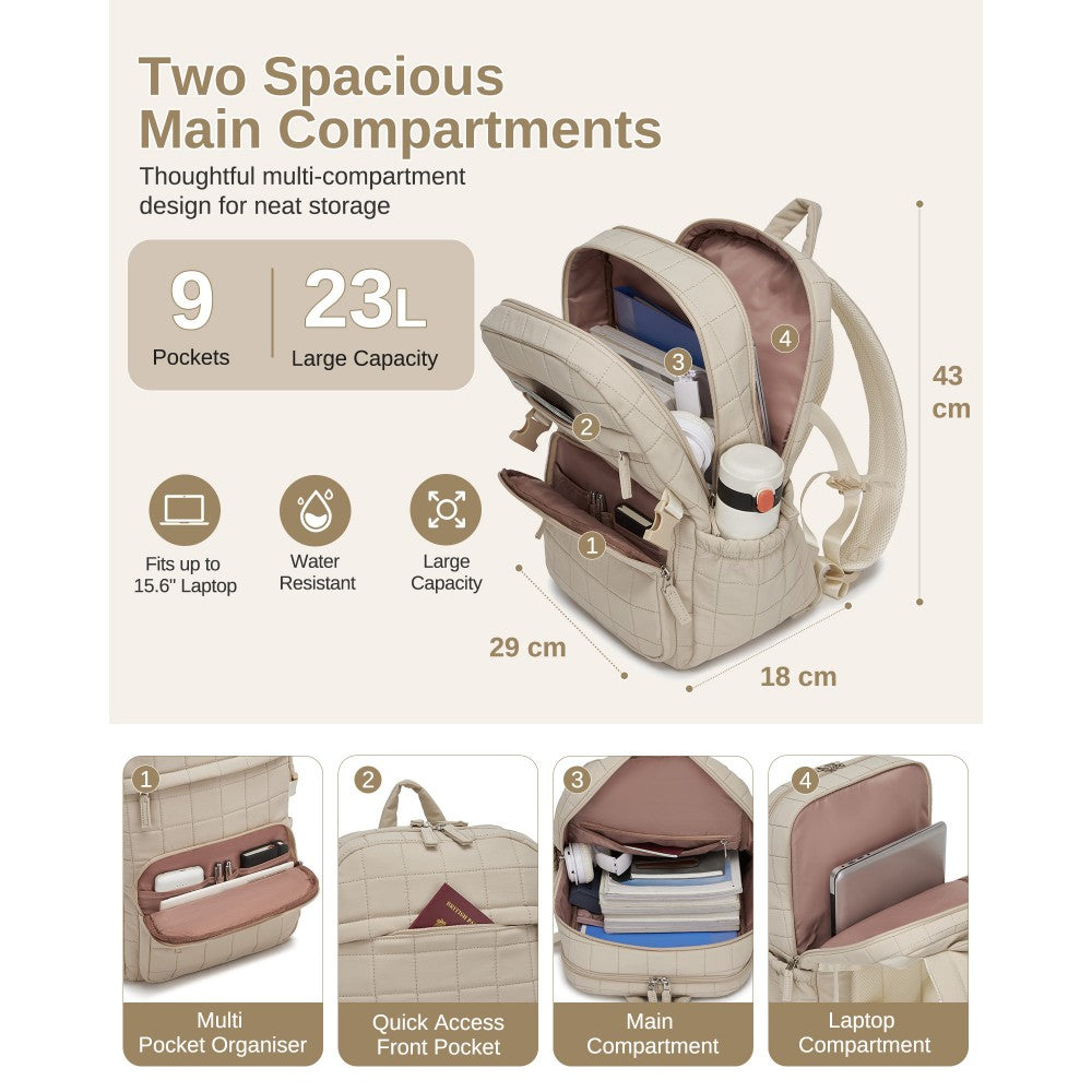 Quilted Lightweight Backpack, Fits 15.6-Inch Notebook, Cabin Approved Underseat Carry-On Bag – Beige