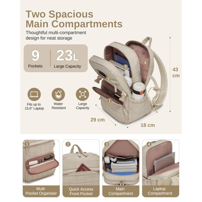 Quilted Lightweight Backpack, Fits 15.6-Inch Notebook, Cabin Approved Underseat Carry-On Bag – Beige