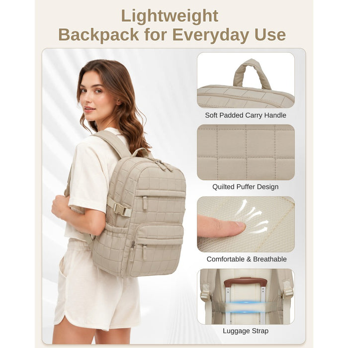 Quilted Lightweight Backpack, Fits 15.6-Inch Notebook, Cabin Approved Underseat Carry-On Bag – Beige