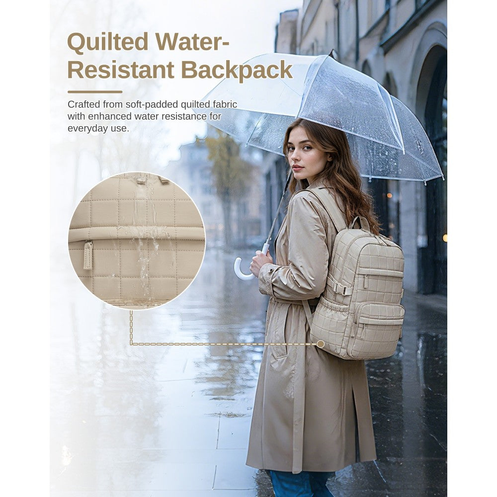 Quilted Lightweight Backpack, Fits 15.6-Inch Notebook, Cabin Approved Underseat Carry-On Bag – Beige