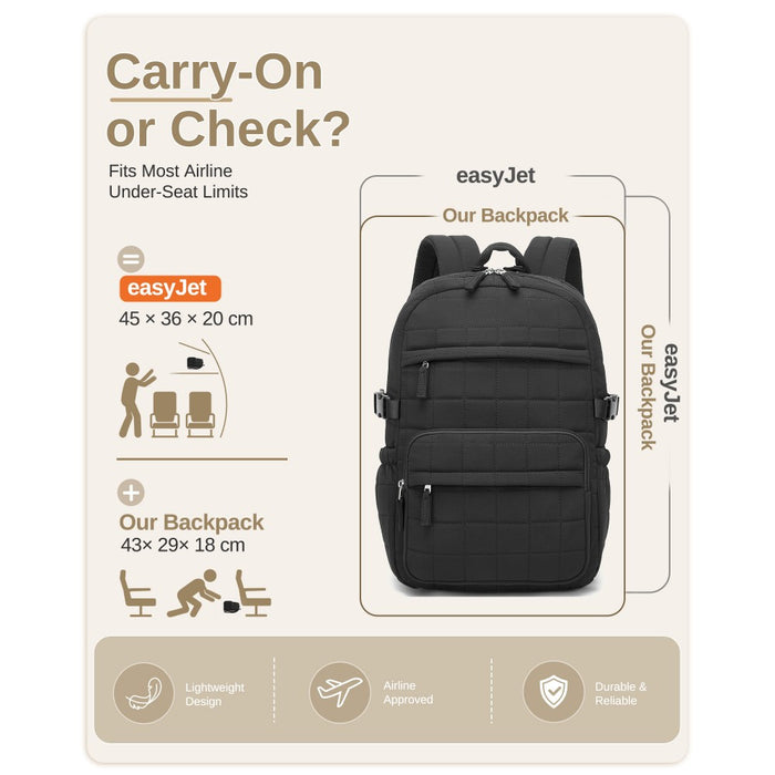 Quilted Lightweight Backpack, Fits 15.6-Inch Notebook, Cabin Approved Underseat Carry-On Bag – Black