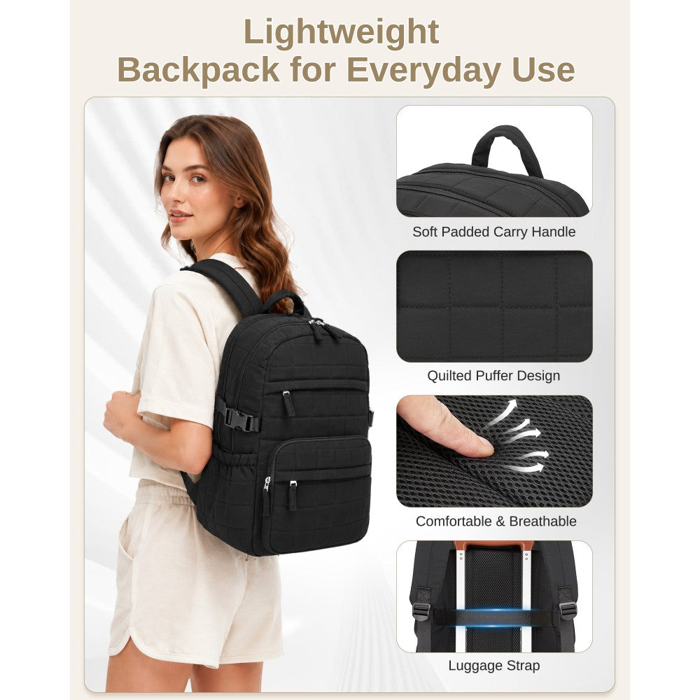 Quilted Lightweight Backpack, Fits 15.6-Inch Notebook, Cabin Approved Underseat Carry-On Bag – Black