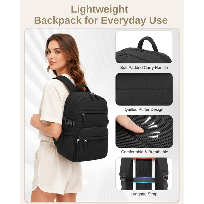 Quilted Lightweight Backpack, Fits 15.6-Inch Notebook, Cabin Approved Underseat Carry-On Bag – Black