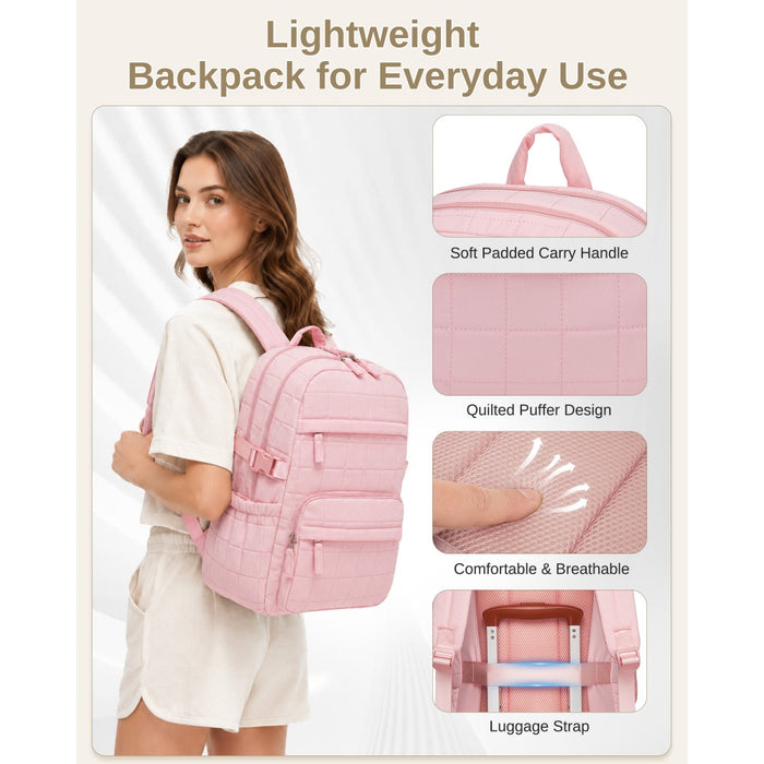 Quilted Lightweight Backpack, Fits 15.6-Inch Notebook, Cabin Approved Underseat Carry-On Bag – Pink