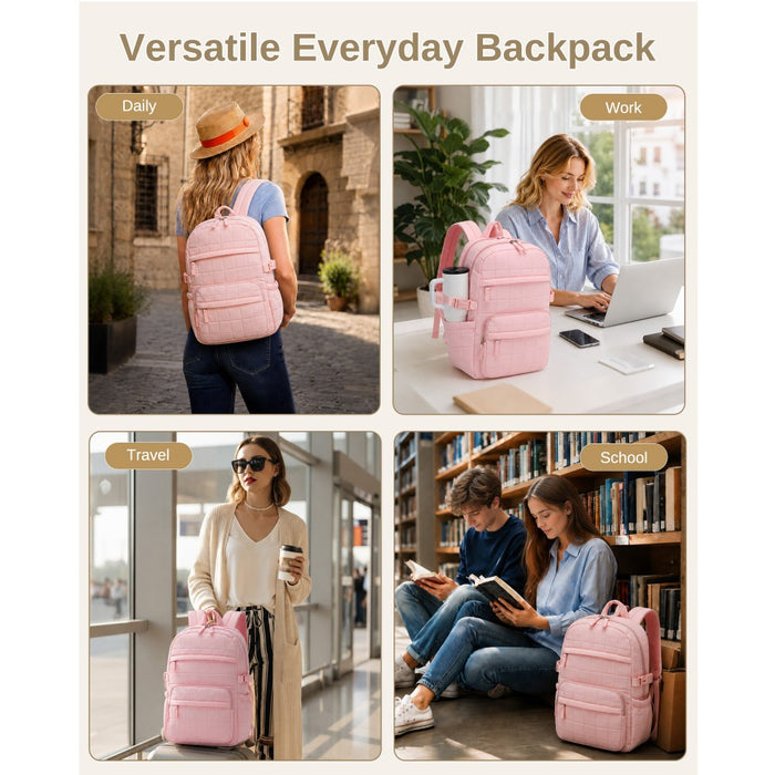 Quilted Lightweight Backpack, Fits 15.6-Inch Notebook, Cabin Approved Underseat Carry-On Bag – Pink