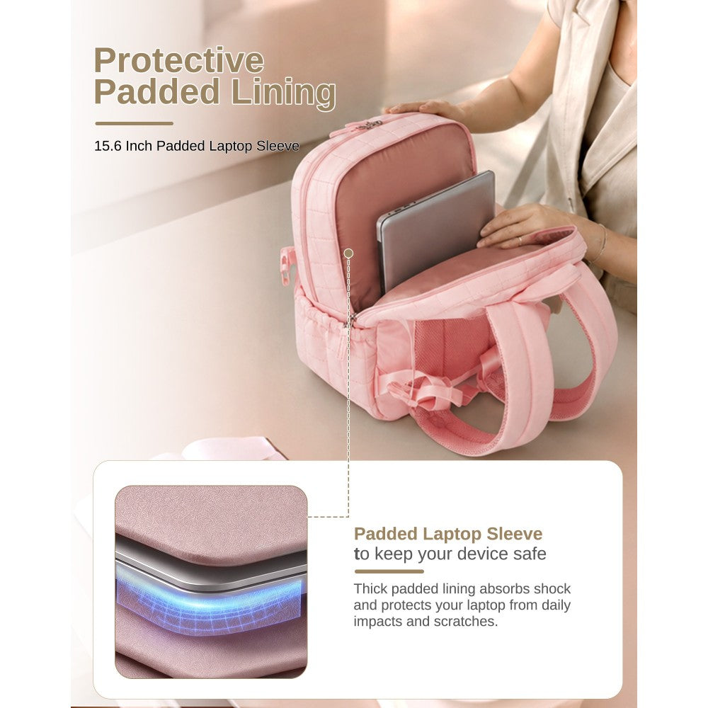 Quilted Lightweight Backpack, Fits 15.6-Inch Notebook, Cabin Approved Underseat Carry-On Bag – Pink