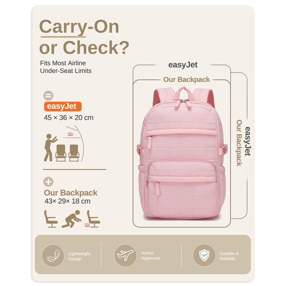 Quilted Lightweight Backpack, Fits 15.6-Inch Notebook, Cabin Approved Underseat Carry-On Bag – Pink