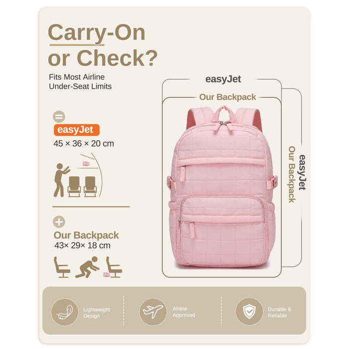 Quilted Lightweight Backpack, Fits 15.6-Inch Notebook, Cabin Approved Underseat Carry-On Bag – Pink