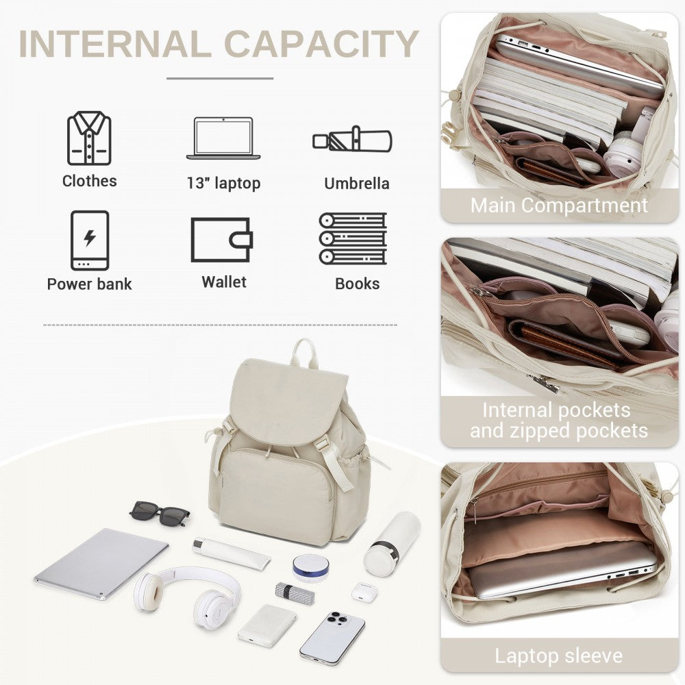 Lightweight Nylon Drawstring Backpack with 13-Inch Laptop Sleeve – Beige