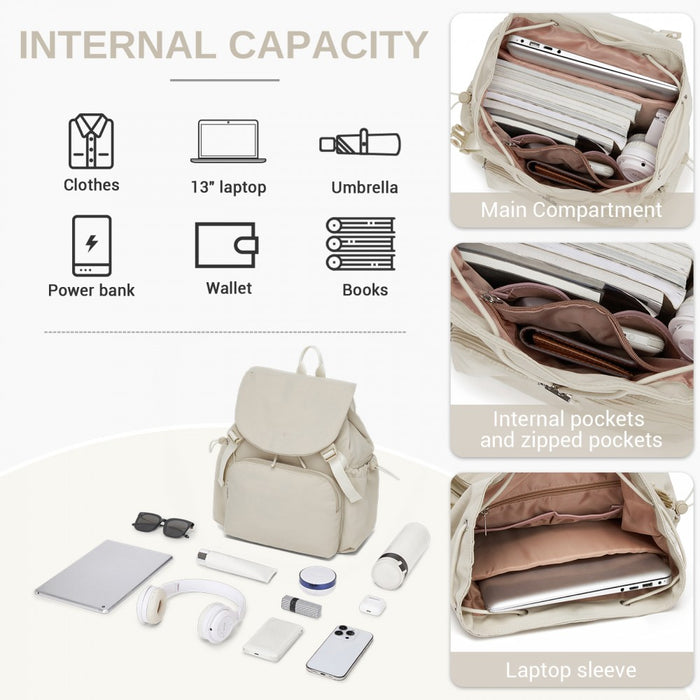 Lightweight Nylon Drawstring Backpack with 13-Inch Laptop Sleeve – Beige