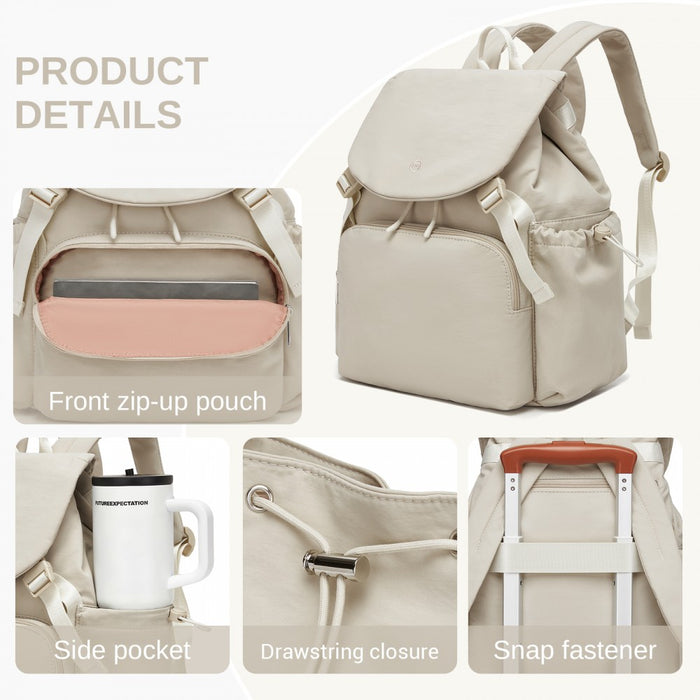 Lightweight Nylon Drawstring Backpack with 13-Inch Laptop Sleeve – Beige