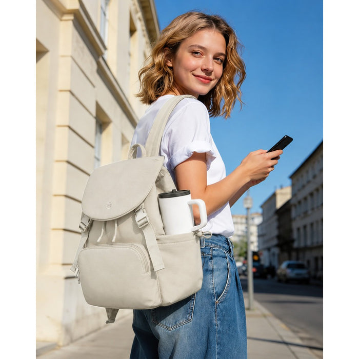 Lightweight Nylon Drawstring Backpack with 13-Inch Laptop Sleeve – Beige