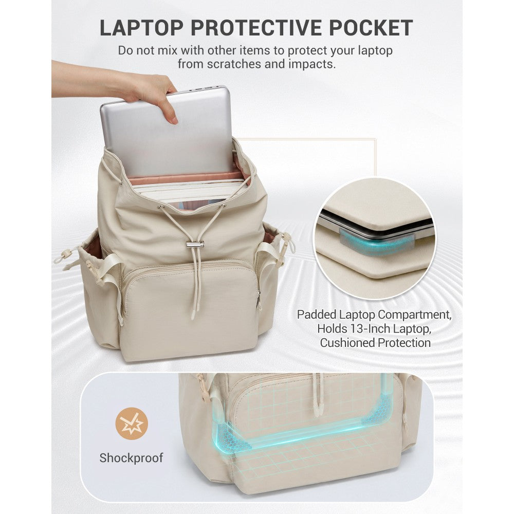 Lightweight Nylon Drawstring Backpack with 13-Inch Laptop Sleeve – Beige