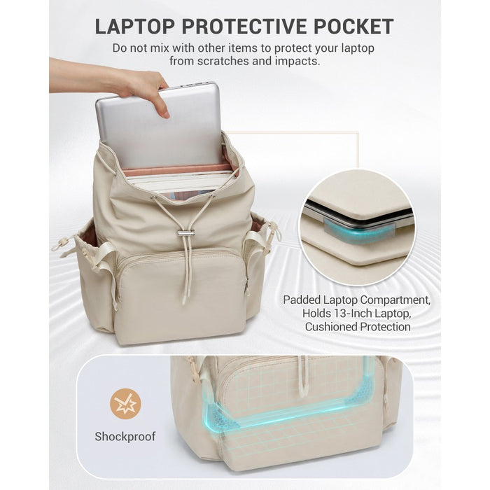 Lightweight Nylon Drawstring Backpack with 13-Inch Laptop Sleeve – Beige