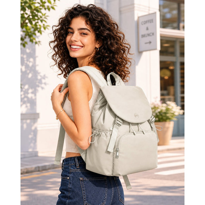 Lightweight Nylon Drawstring Backpack with 13-Inch Laptop Sleeve – Beige