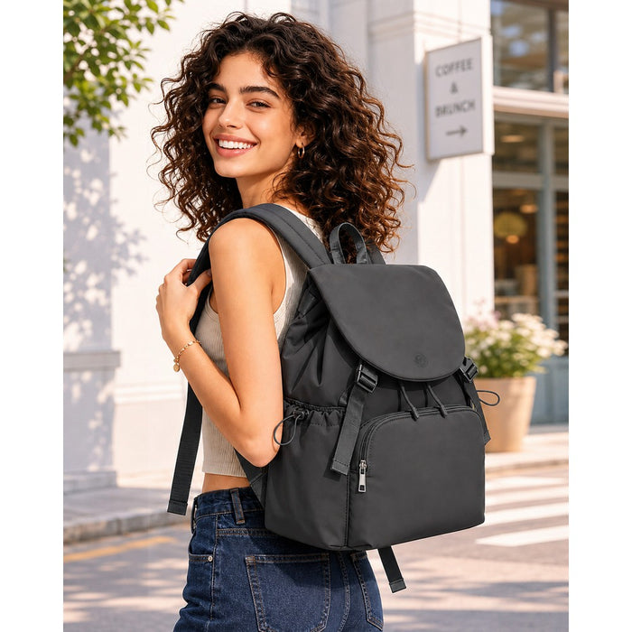 Lightweight Nylon Drawstring Backpack with 13-Inch Laptop Sleeve – Black