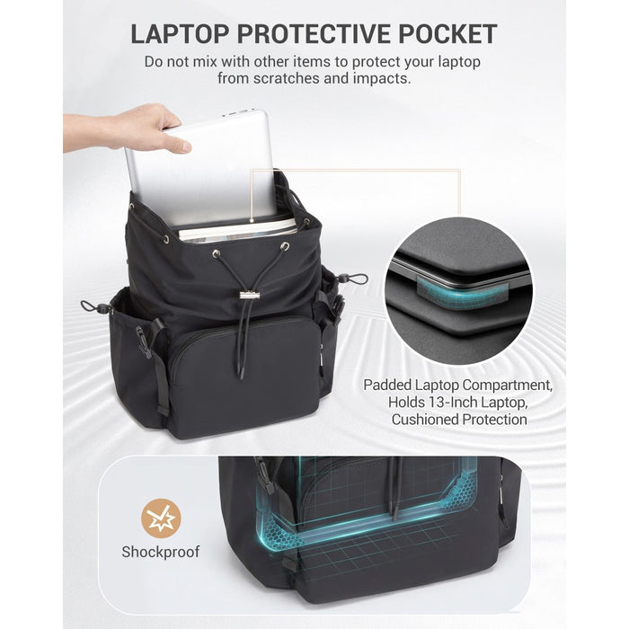 Lightweight Nylon Drawstring Backpack with 13-Inch Laptop Sleeve – Black