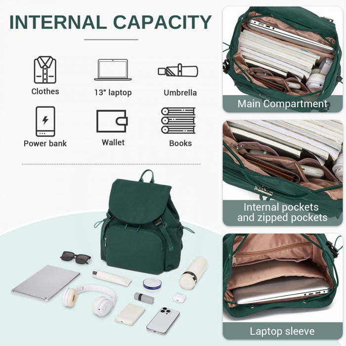 Lightweight Nylon Drawstring Backpack with 13-Inch Laptop Sleeve – Green