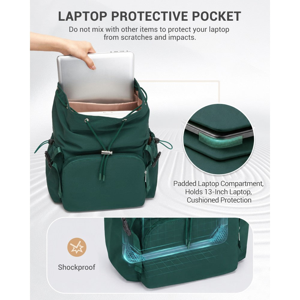 Lightweight Nylon Drawstring Backpack with 13-Inch Laptop Sleeve – Green