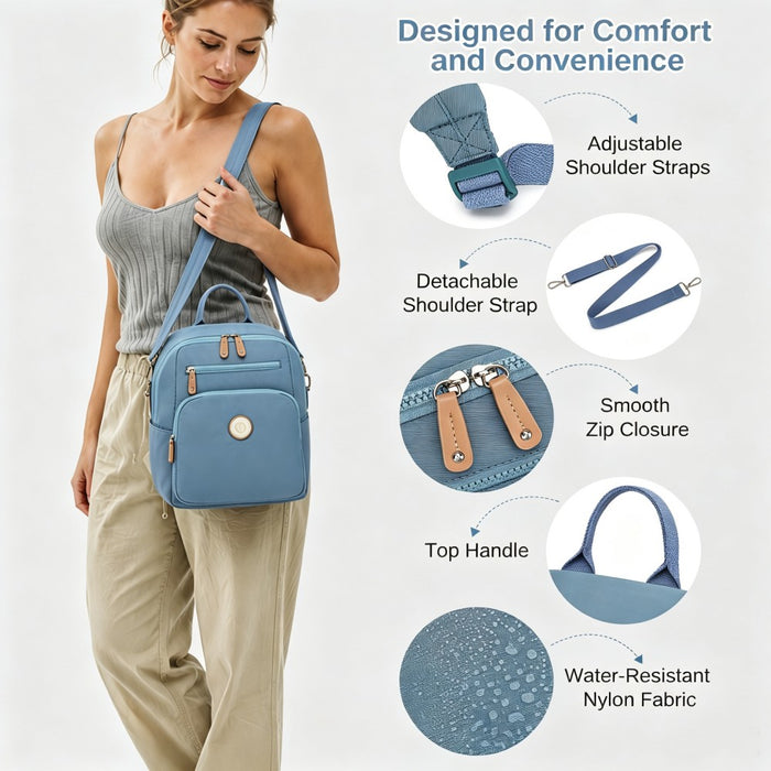 Women's Backpack, Water-Resistant Nylon Convertible Shoulder and Crossbody Bag – Blue