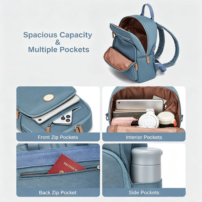Women's Backpack, Water-Resistant Nylon Convertible Shoulder and Crossbody Bag – Blue