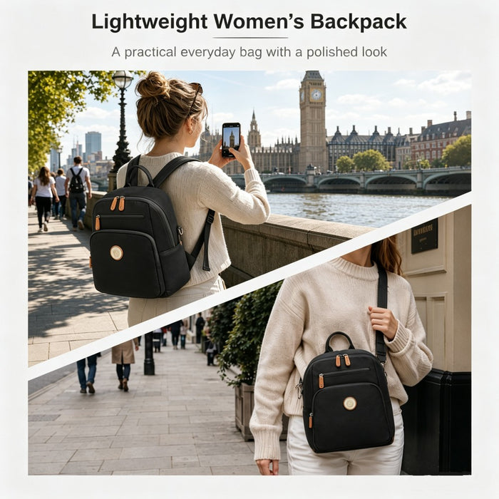 Women's Backpack, Water-Resistant Nylon Convertible Shoulder and Crossbody Bag – Black