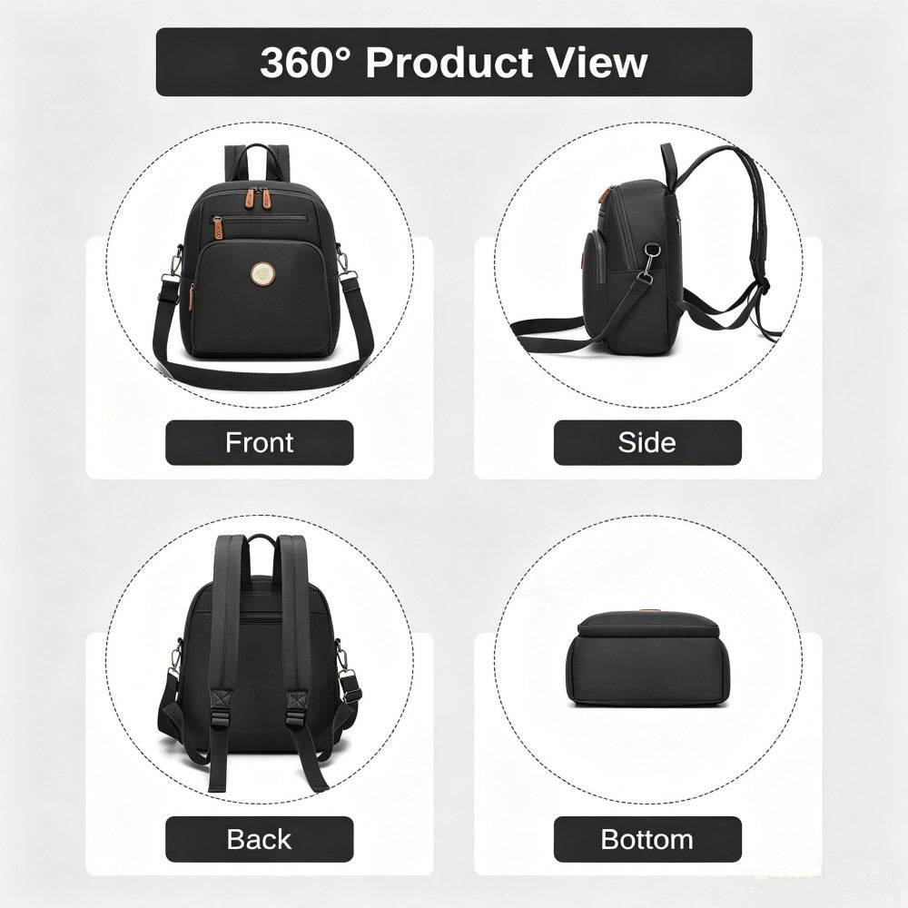 Women's Backpack, Water-Resistant Nylon Convertible Shoulder and Crossbody Bag – Black