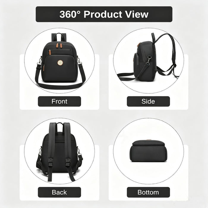 Women's Backpack, Water-Resistant Nylon Convertible Shoulder and Crossbody Bag – Black