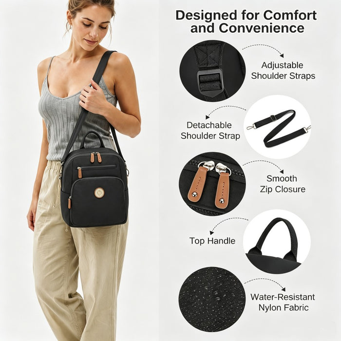 Women's Backpack, Water-Resistant Nylon Convertible Shoulder and Crossbody Bag – Black