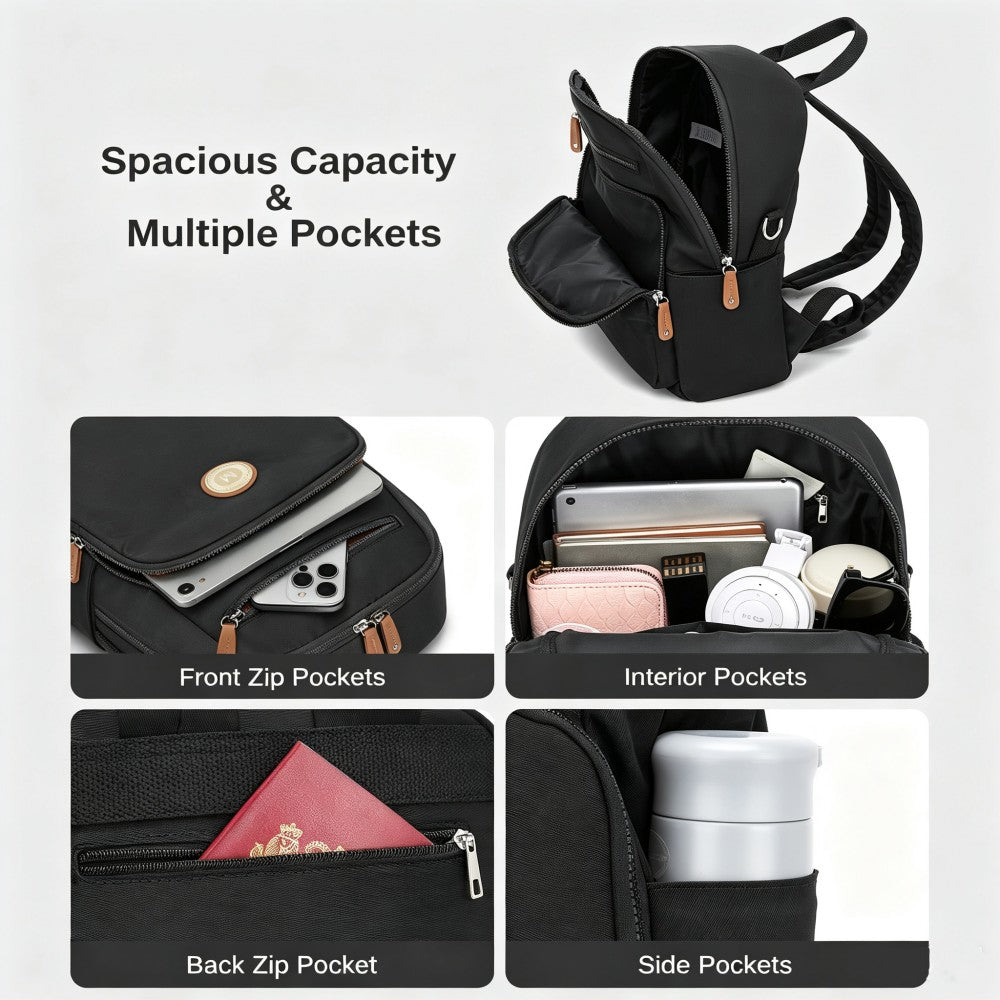 Women's Backpack, Water-Resistant Nylon Convertible Shoulder and Crossbody Bag – Black
