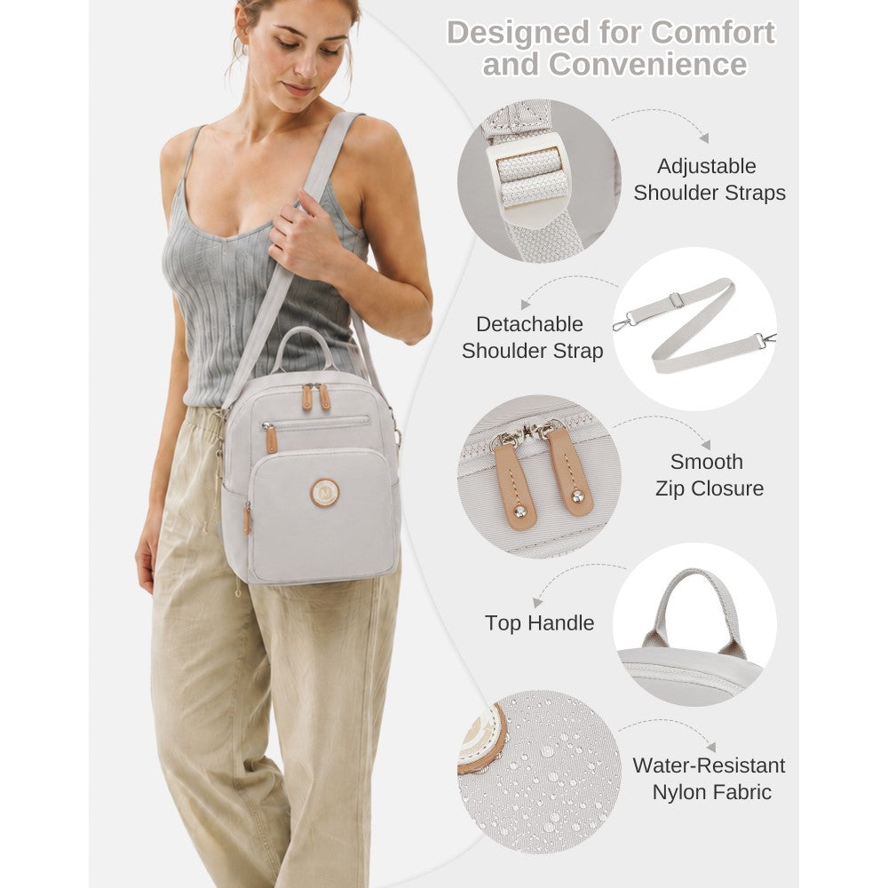 Women's Backpack, Water-Resistant Nylon Convertible Shoulder and Crossbody Bag – Light Grey