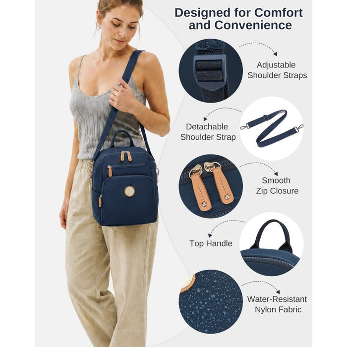 Women's Backpack, Water-Resistant Nylon Convertible Shoulder and Crossbody Bag – Navy