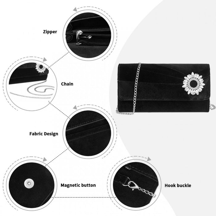 Velvet Evening Clutch with Crystal Ring and Detachable Chain Strap – Black