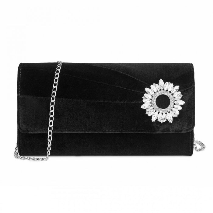 Velvet Evening Clutch with Crystal Ring and Detachable Chain Strap – Black