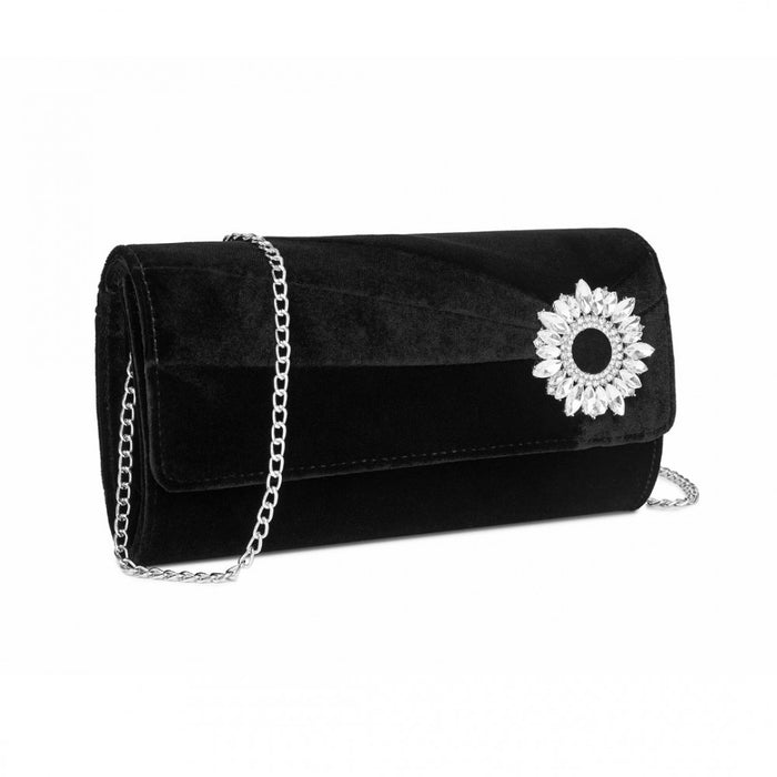 Velvet Evening Clutch with Crystal Ring and Detachable Chain Strap – Black