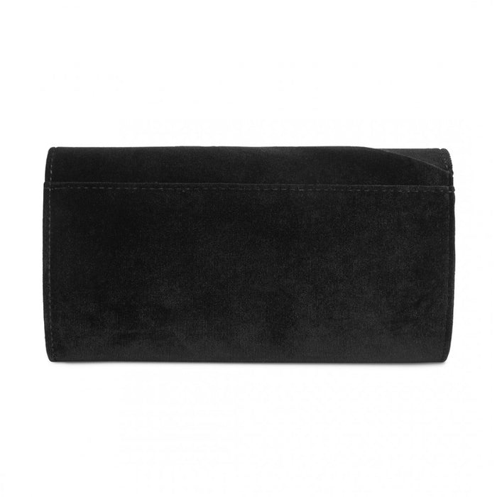 Velvet Evening Clutch with Crystal Ring and Detachable Chain Strap – Black
