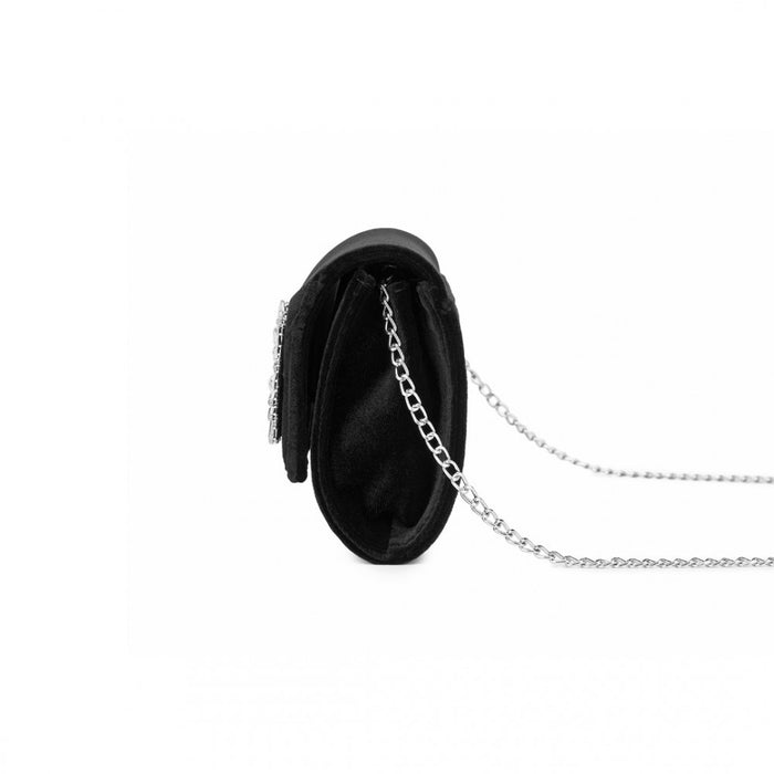 Velvet Evening Clutch with Crystal Ring and Detachable Chain Strap – Black