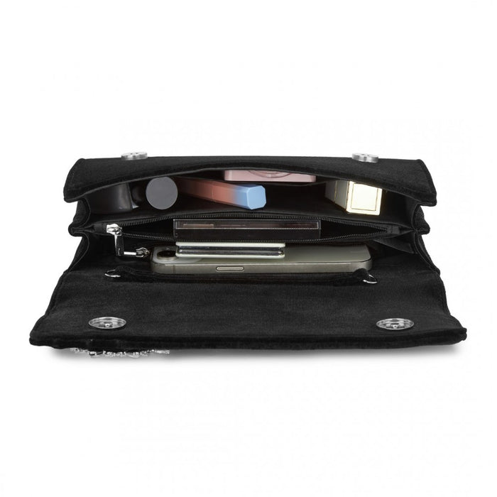 Velvet Evening Clutch with Crystal Ring and Detachable Chain Strap – Black