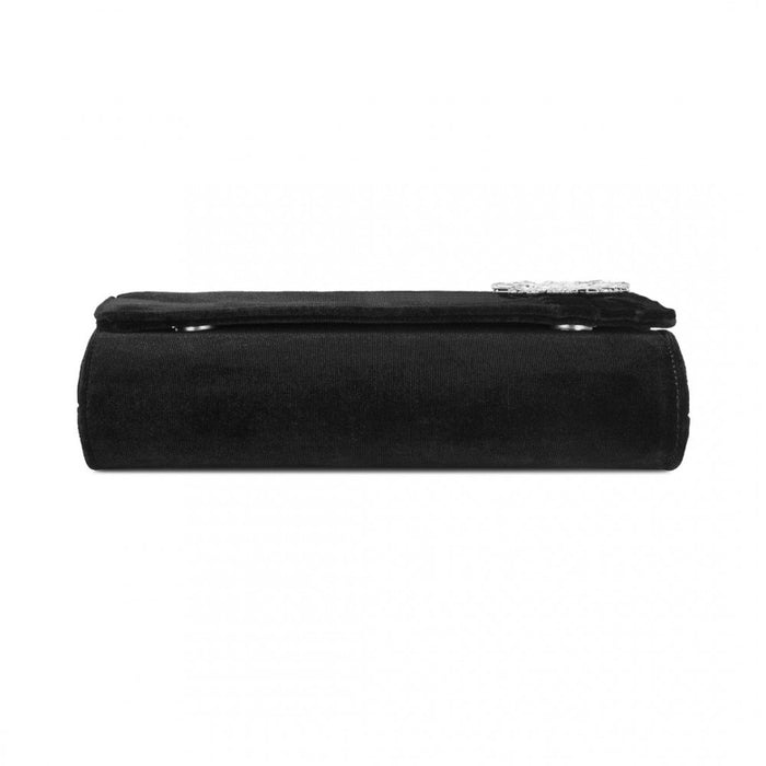 Velvet Evening Clutch with Crystal Ring and Detachable Chain Strap – Black