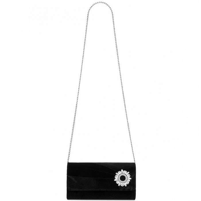 Velvet Evening Clutch with Crystal Ring and Detachable Chain Strap – Black