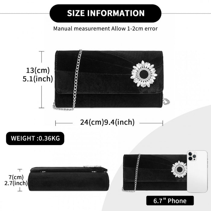 Velvet Evening Clutch with Crystal Ring and Detachable Chain Strap – Black