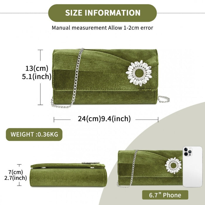 Velvet Evening Clutch with Crystal Ring and Detachable Chain Strap – Green